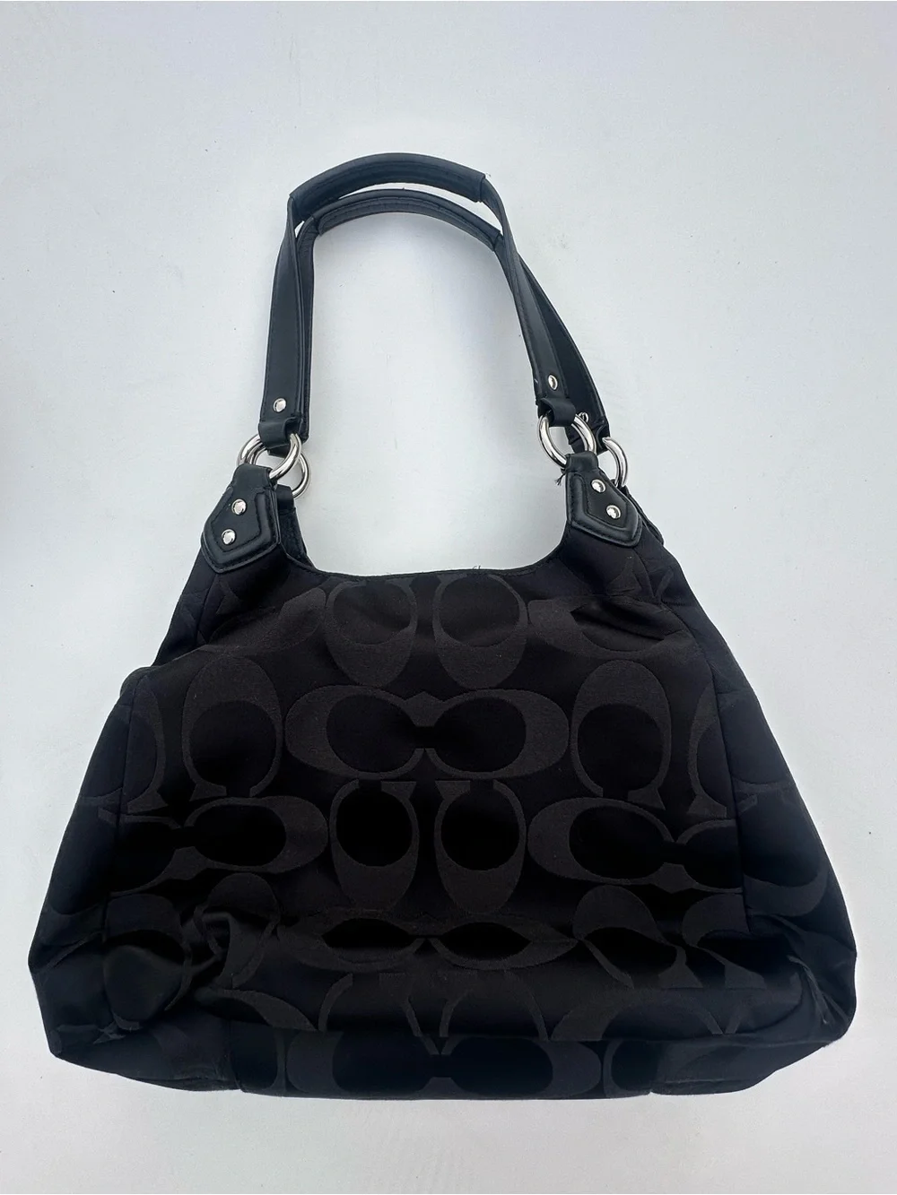 Coach Black Signature Canvas Shoulder Tote with Front Buckle Pocket